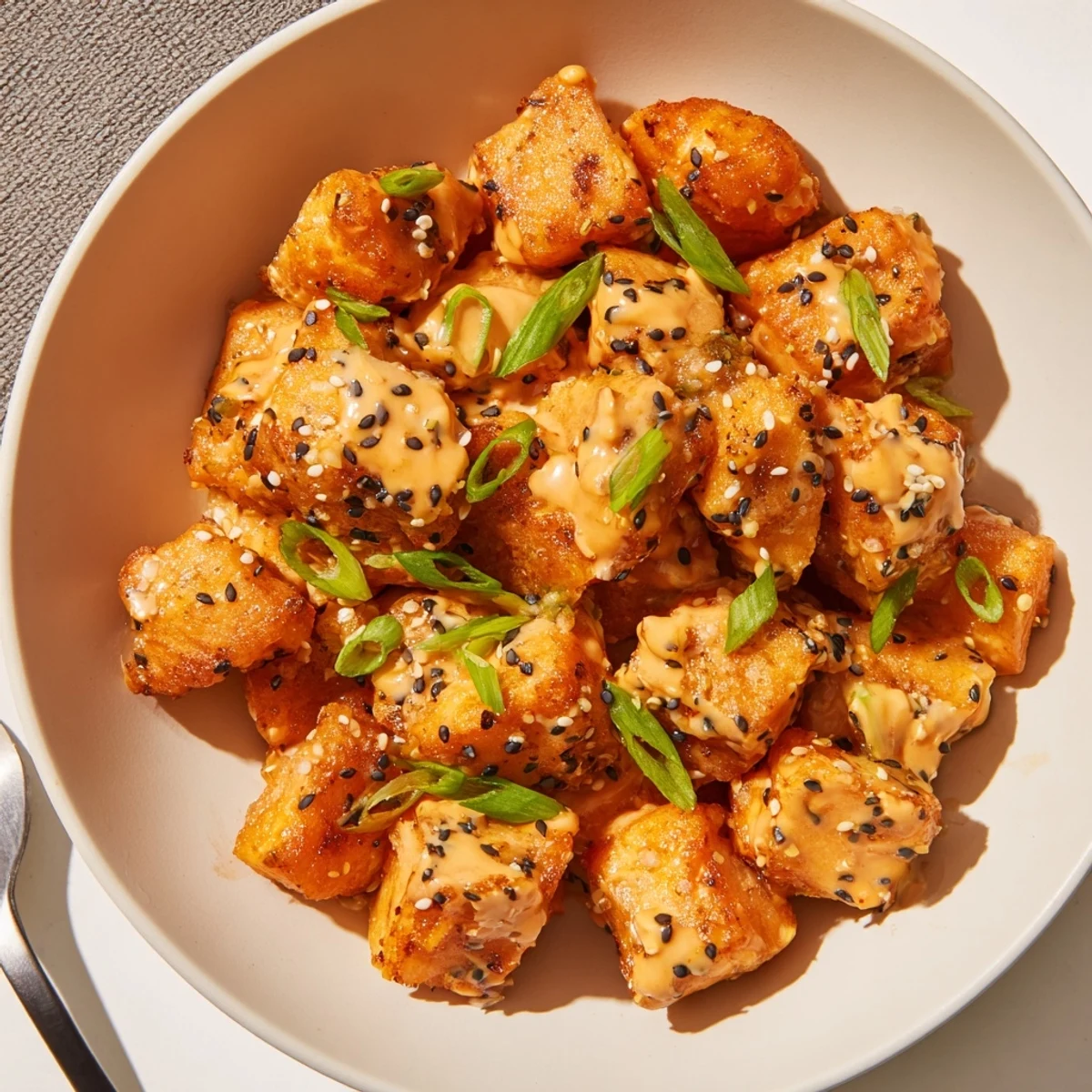 Bang Bang Salmon Bites Recipe with golden crunchy cubes coated in spicy sauce