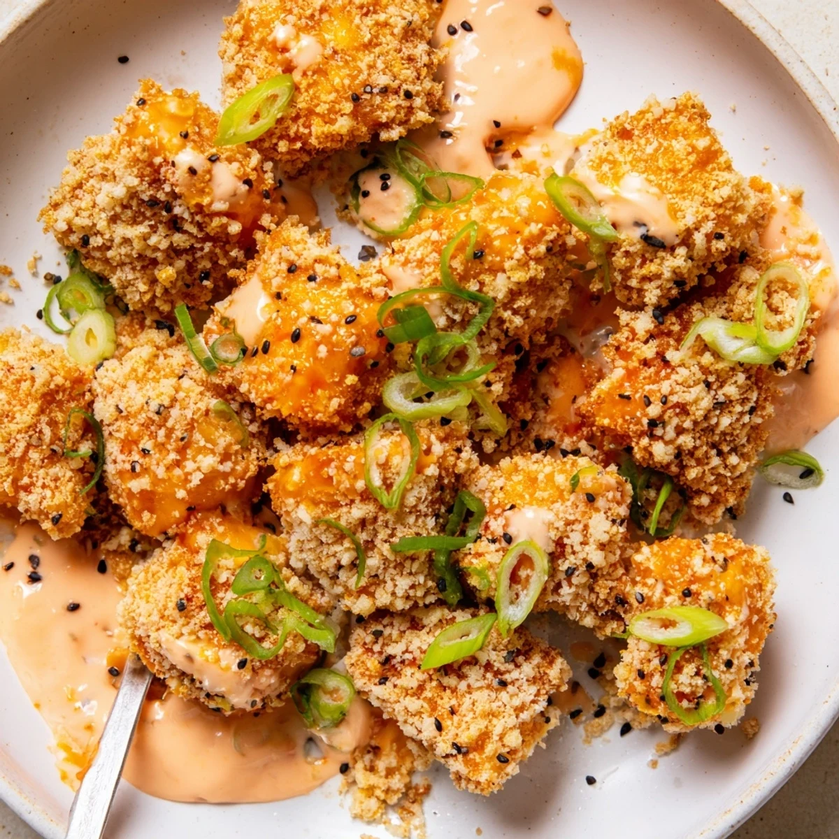 Warm Bang Bang Salmon Bites Recipe served over jasmine rice with scallion garnish