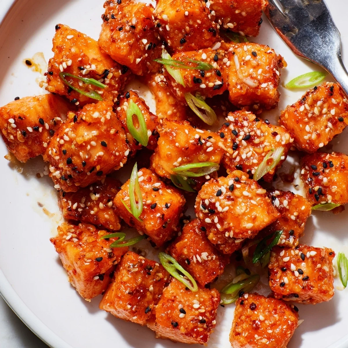 Pan-fried Bang Bang Salmon Bites Recipe, tender saucy bites sprinkled with toasted sesame