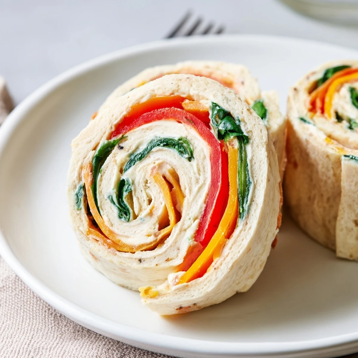 Fresh Pinwheel Sandwiches rolled with cream cheese, crisp carrots, and spinach.