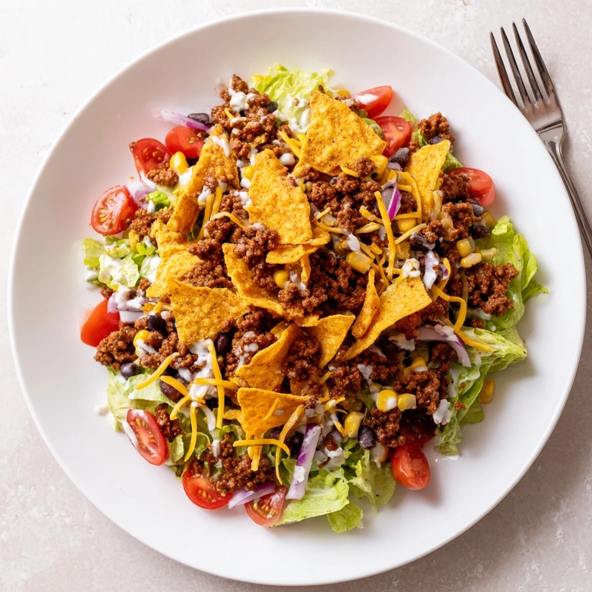 Serve Simple Doritos Taco Salad immediately for maximum crunch and bold Tex Mex flavors