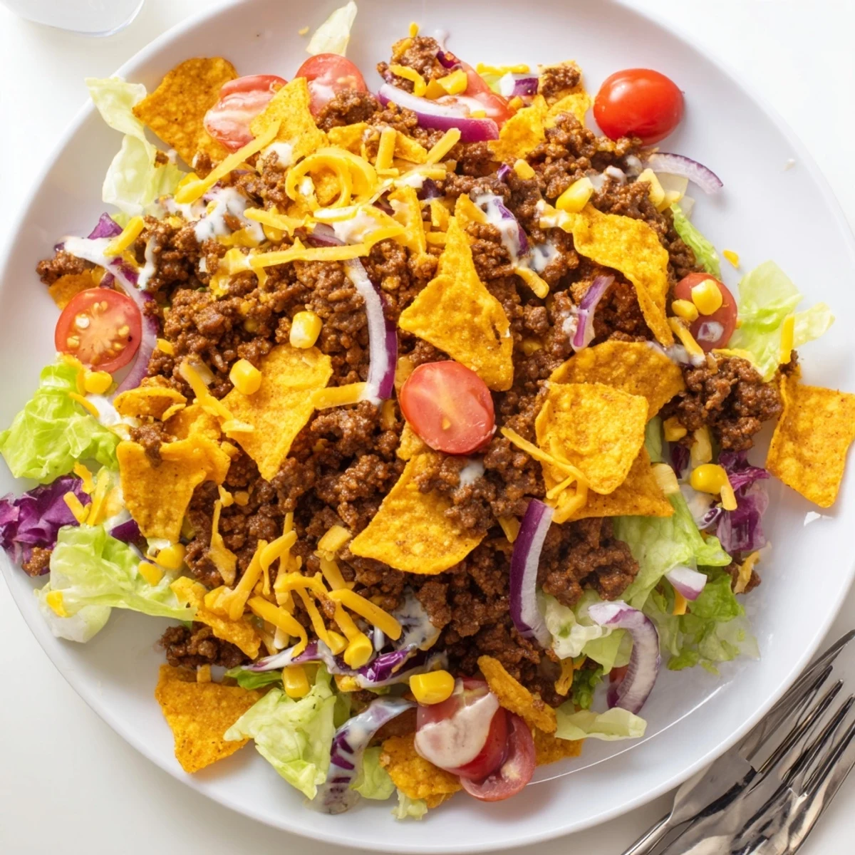 Bowl of Simple Doritos Taco Salad topped with shredded cheddar and ranch