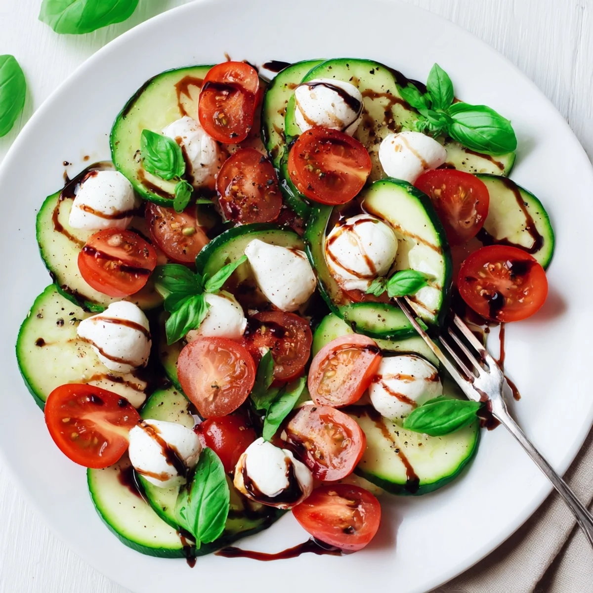 Juicy Cucumber Caprese Salad with glossy tomatoes, creamy mozzarella, basil aroma