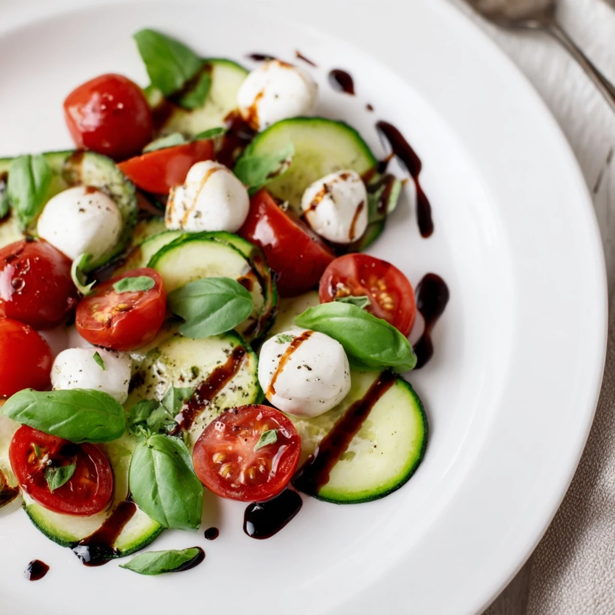 Bright Juicy Cucumber Caprese Salad tossed in olive oil, balsamic drizzle