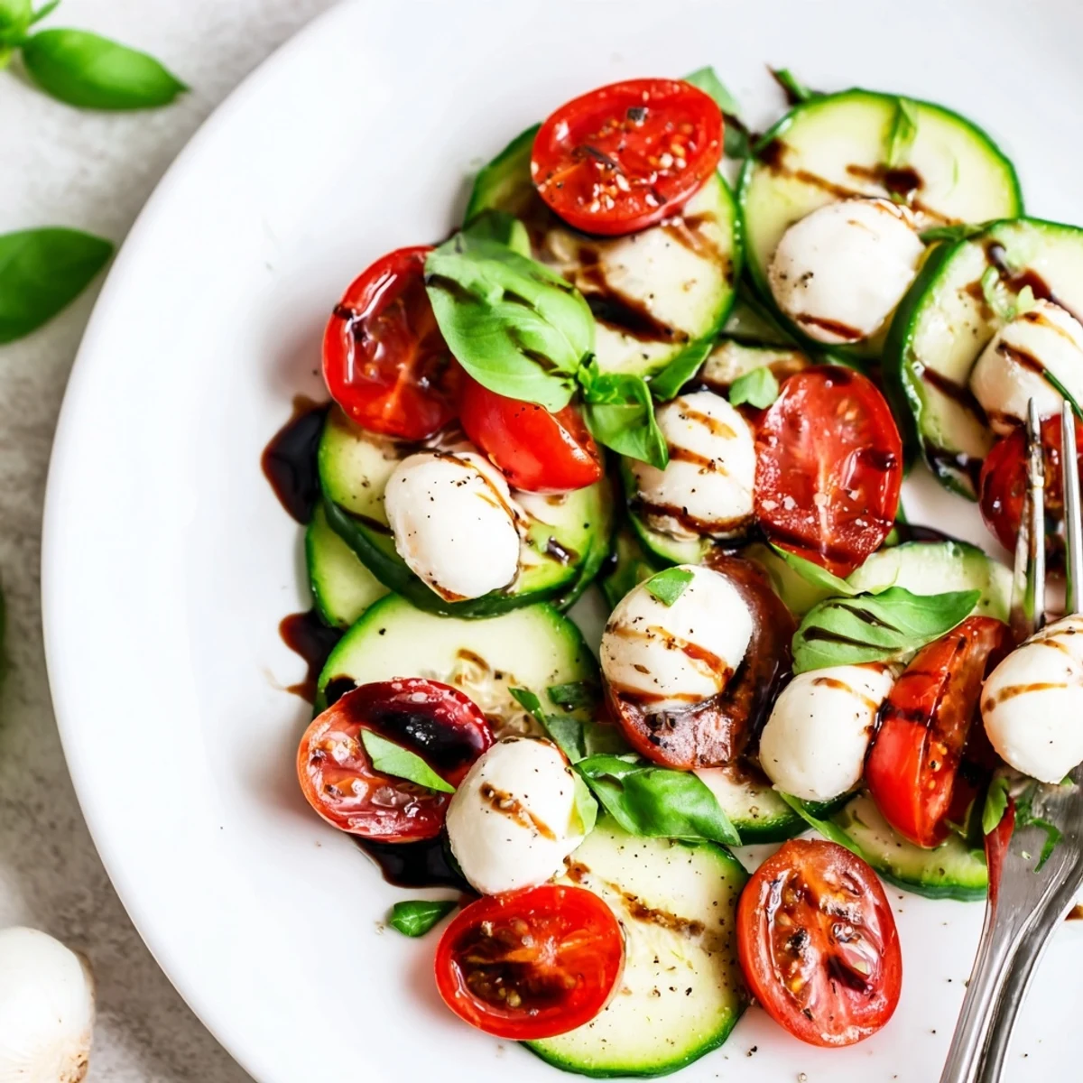 Plated Juicy Cucumber Caprese Salad garnished with torn basil, chilled and refreshing