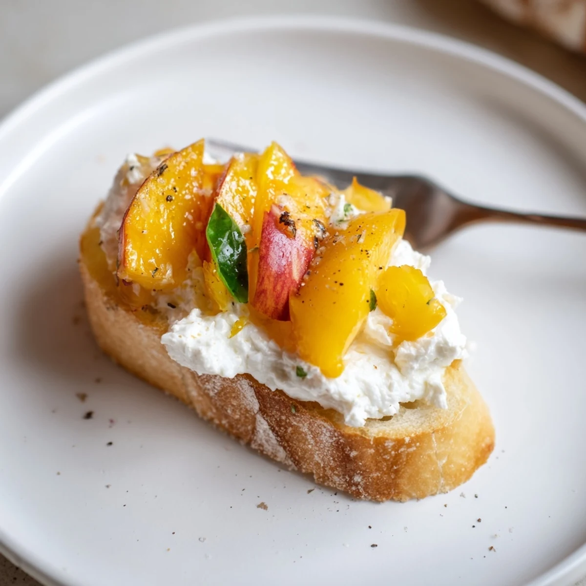 Peach Bruschetta With Whipped Ricotta on golden toasted baguette, honey-drizzled basil