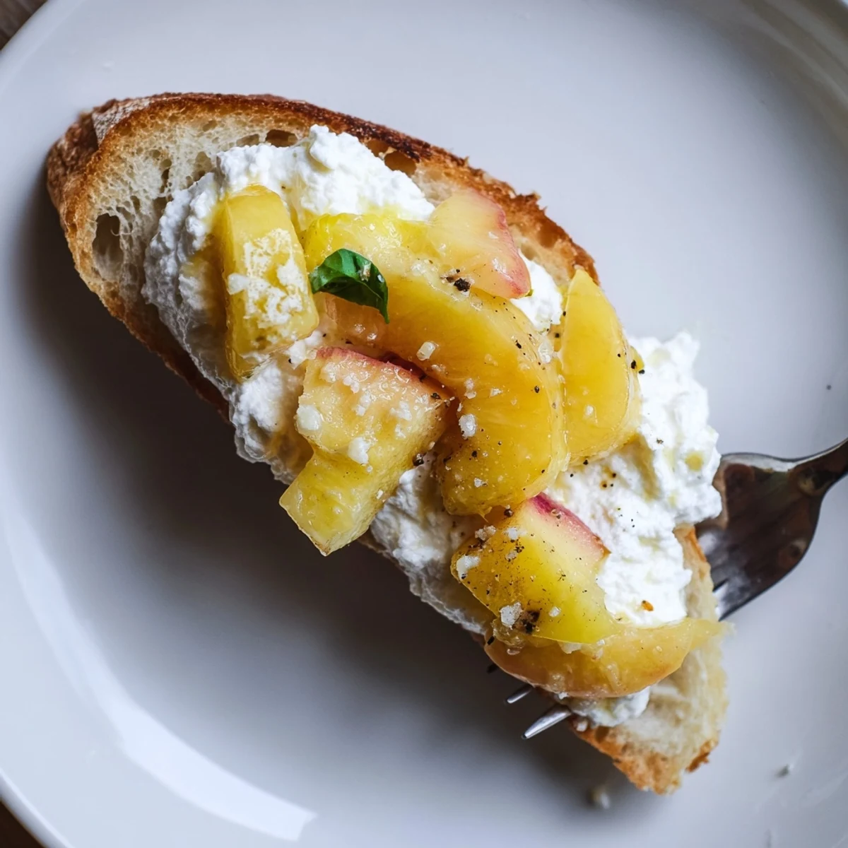 Summery Peach Bruschetta With Whipped Ricotta, creamy lemon-zested ricotta and cracked pepper