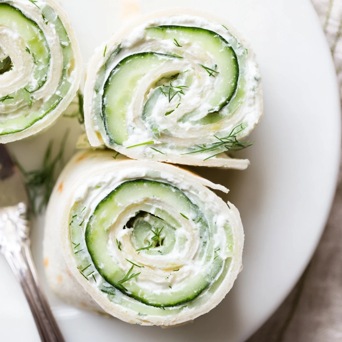 Cucumber And Dill Pinwheels chilled on a platter, creamy spread and crisp cucumber
