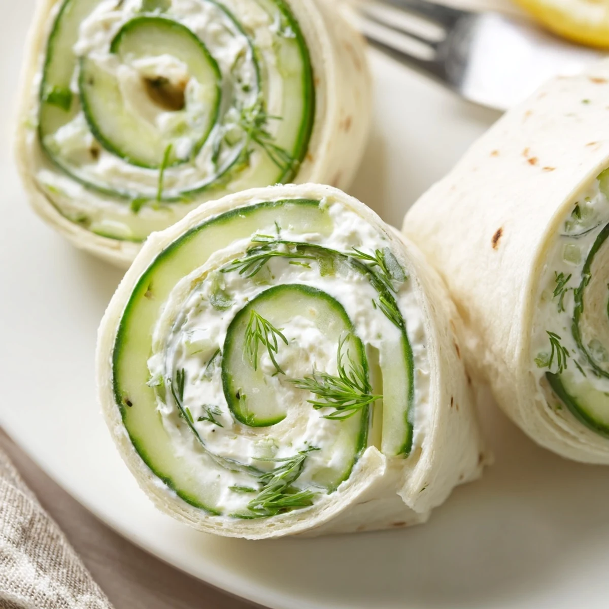 Cucumber And Dill Pinwheels sliced into spirals, soft tortilla wraps and bright herbs
