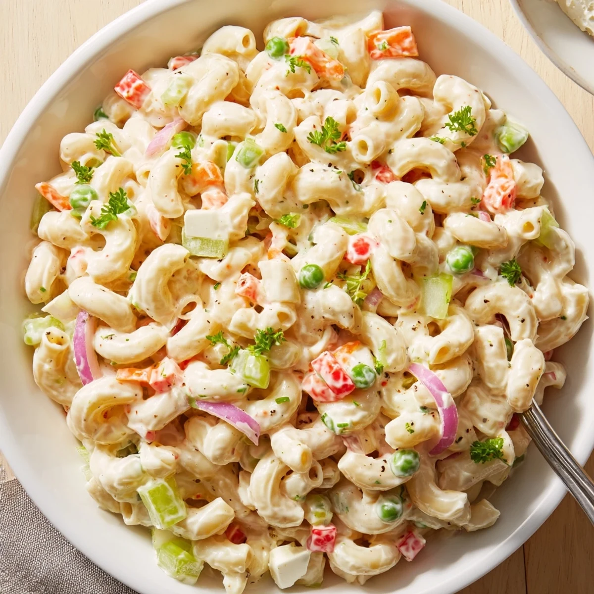 Creamy Macaroni Salad with tender elbows, crisp veggies, chilled for picnics.  