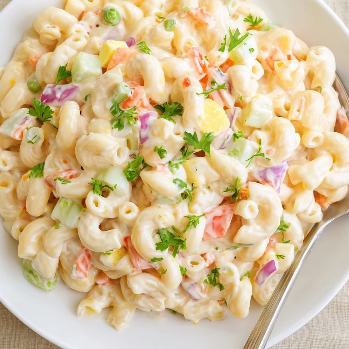 Bowl of Macaroni Salad studded with red pepper, celery, and parsley.  