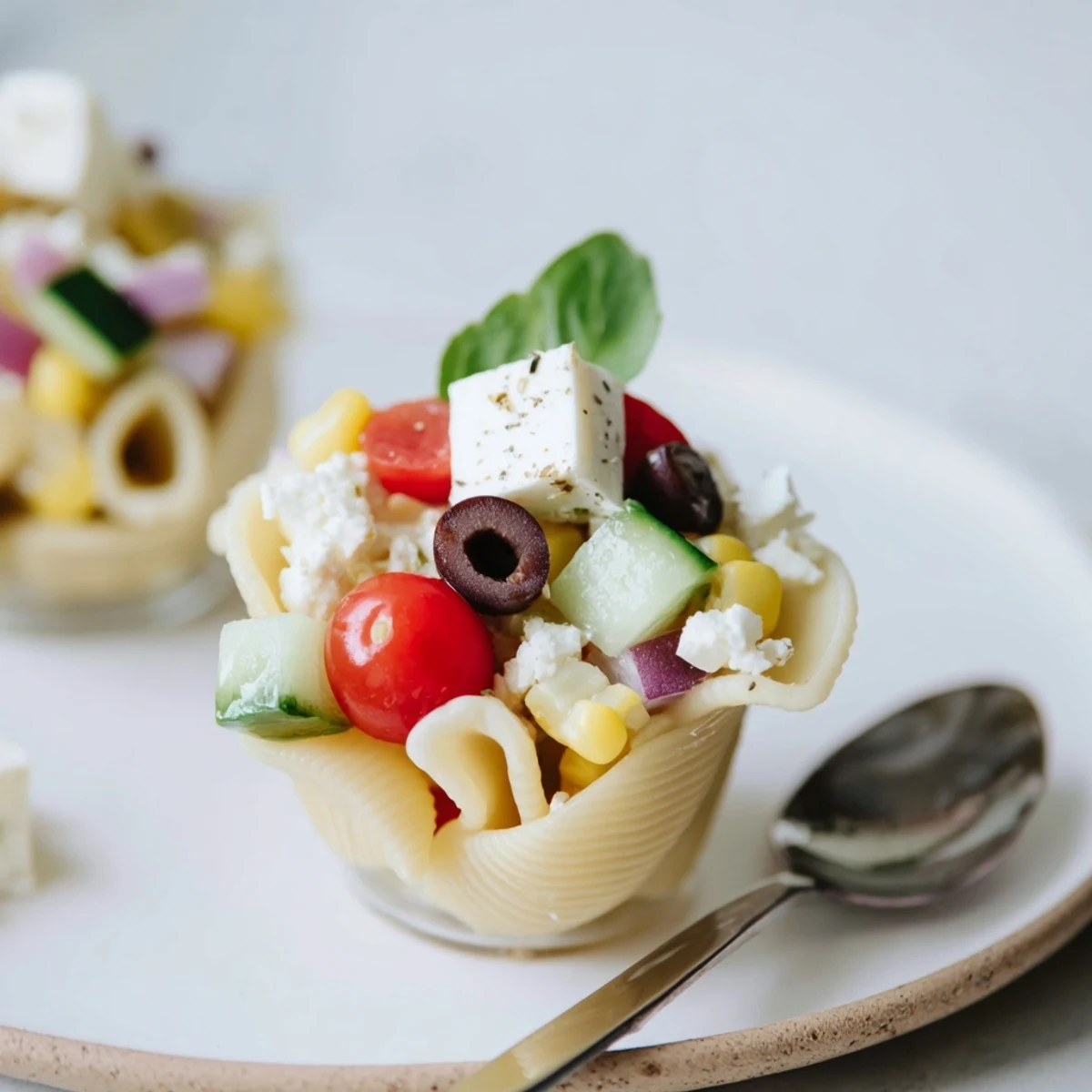Pasta Salad Cups Recipe with colorful veggies, tangy dressing, chilled party appetizers