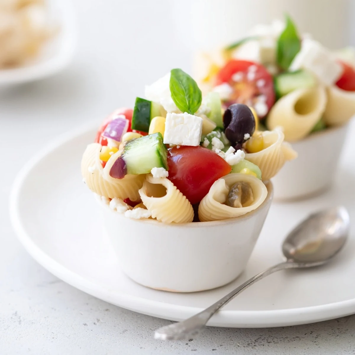 Individual Pasta Salad Cups Recipe showcasing al dente pasta, feta, basil garnish