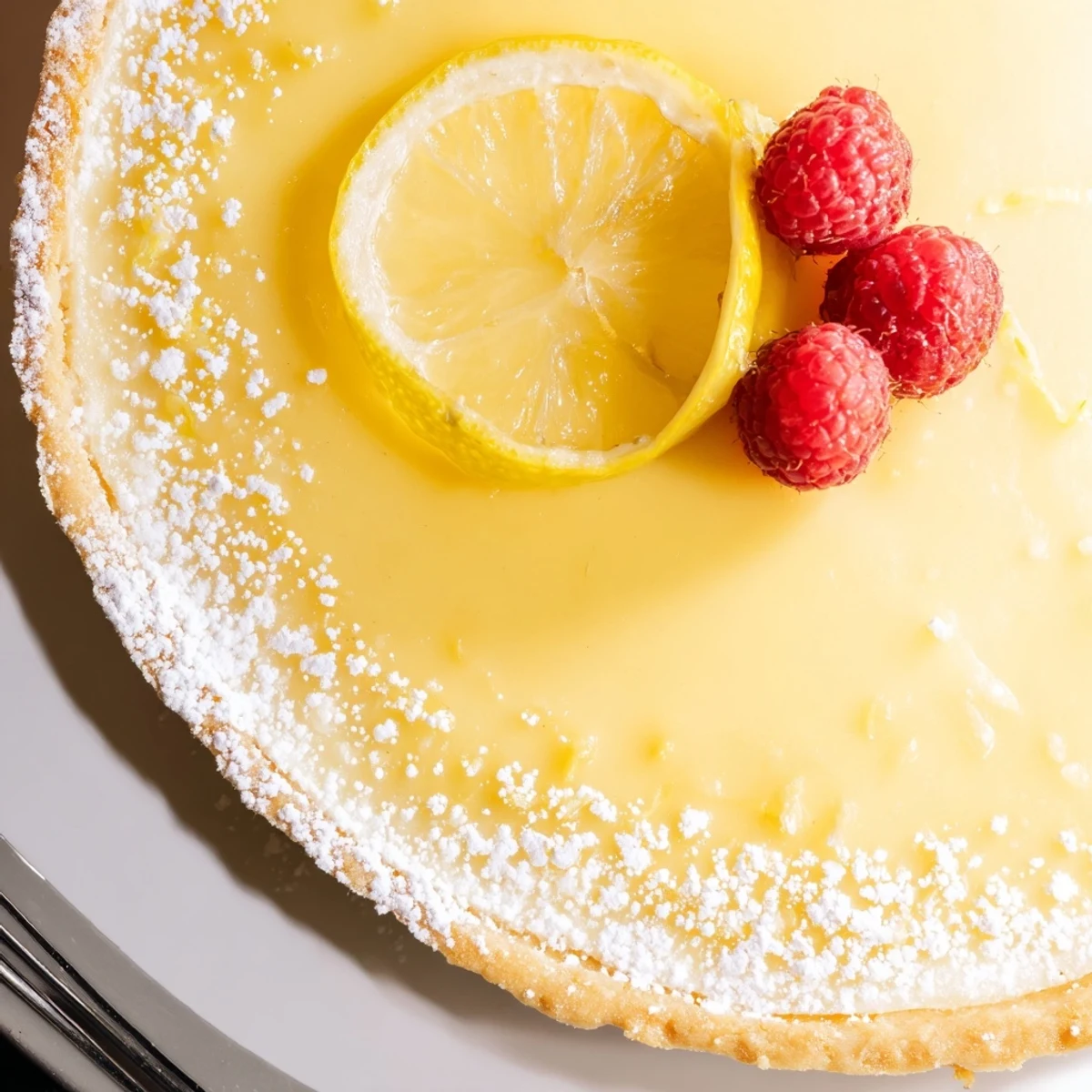 Warm kitchen scene, Creamy Lemon Tart Recipe chilled, served with fresh berries