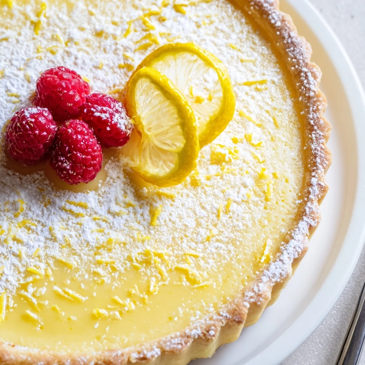 A slice from the Creamy Lemon Tart Recipe dusted with powdered sugar
