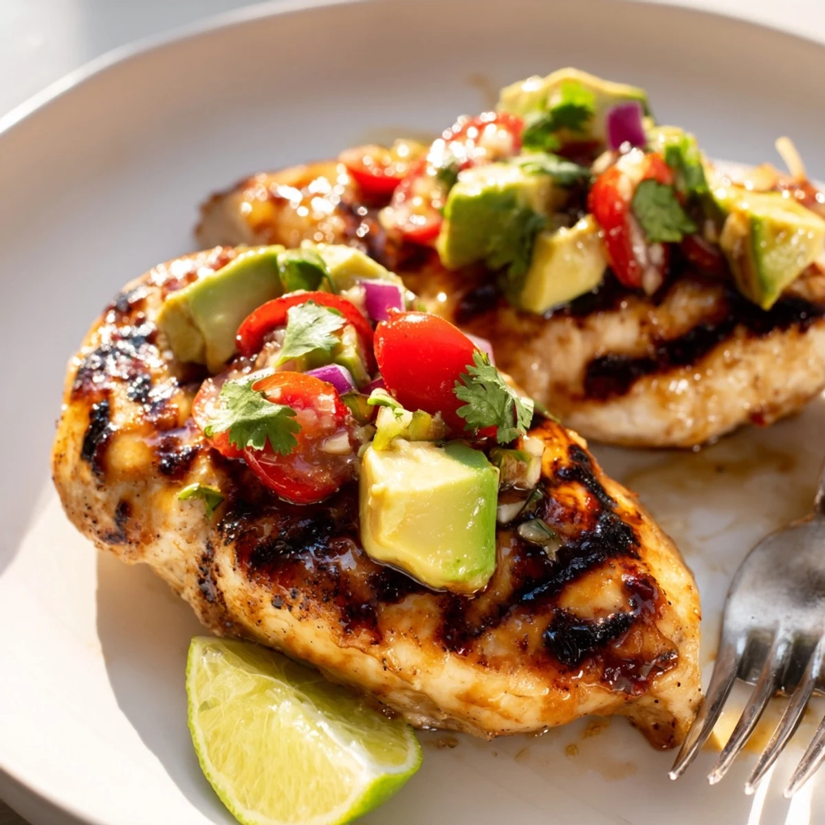 Grilled Fiesta Lime Chicken With Avocado topped with fresh cilantro and lime