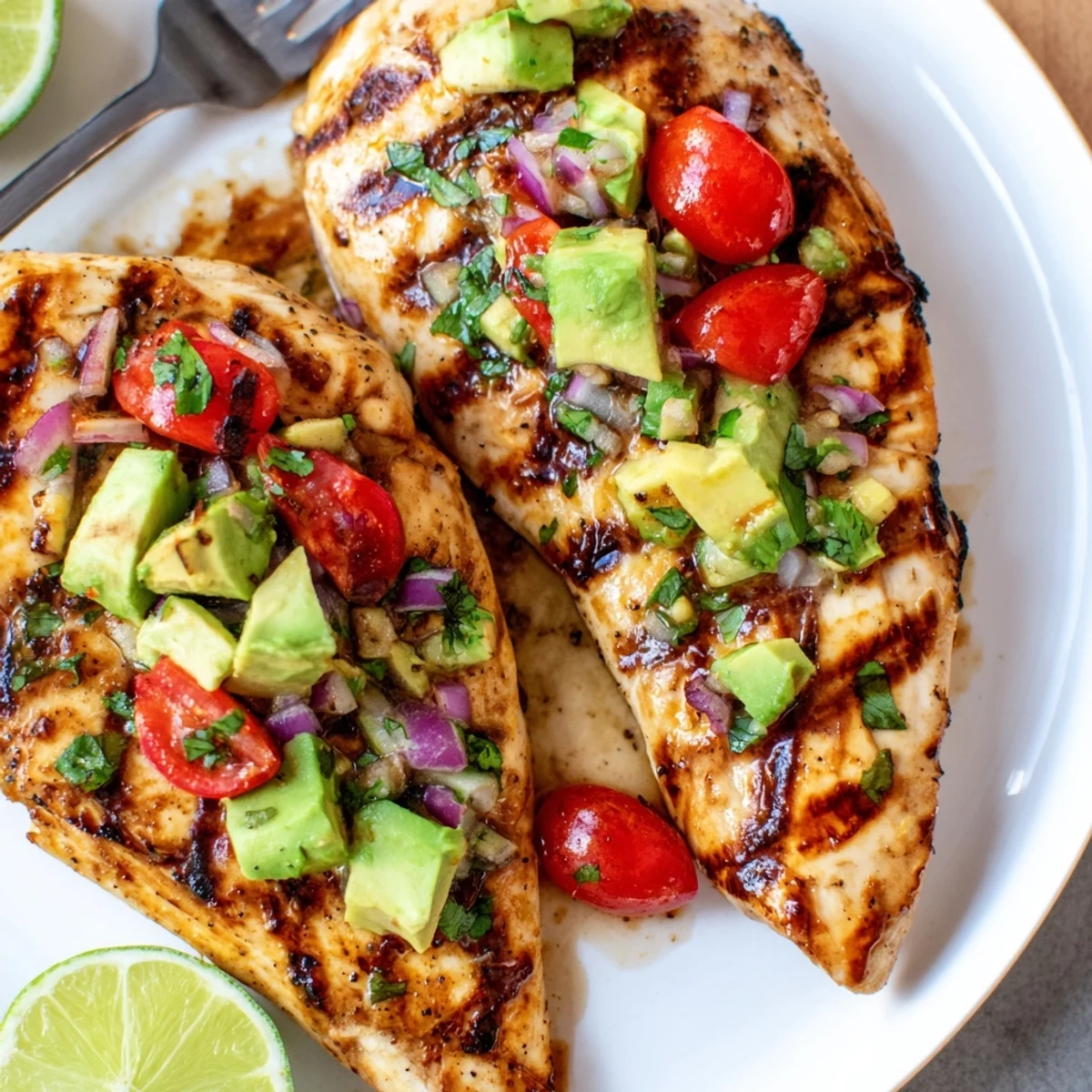 Sliced Fiesta Lime Chicken With Avocado served over rice, juicy, zesty