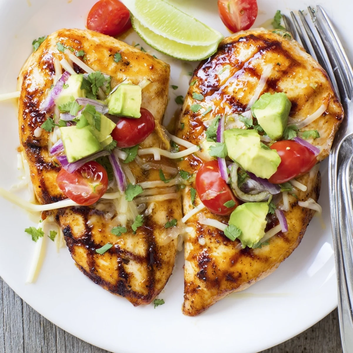 Charred Fiesta Lime Chicken With Avocado beside warm tortillas and tangy salsa