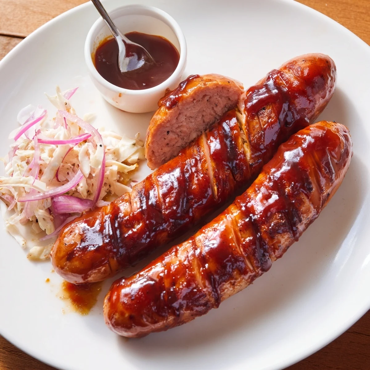 Smoky BBQ Sausage Recipe on toasted buns, topped with pickles and onions.