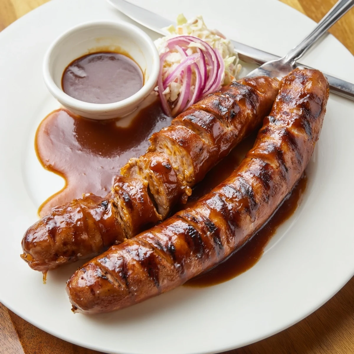 Hot, juicy BBQ Sausage Recipe glazed and sizzling on a backyard grill.