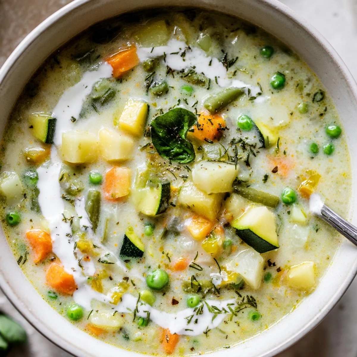 Bowls of Creamy Vegetable Soup Recipe served with crusty bread, warm