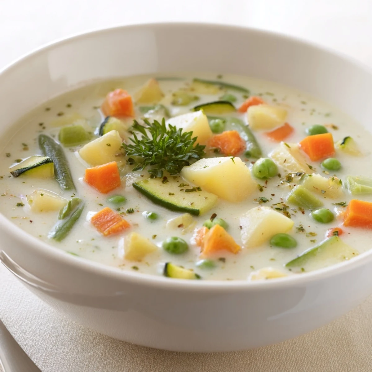 Spoon lifting spoonful from Creamy Vegetable Soup Recipe, silky herb scented broth