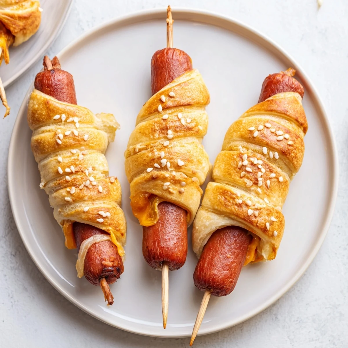 Golden-baked Firecracker Hot Dogs wrapped in crescent dough, brushed with butter