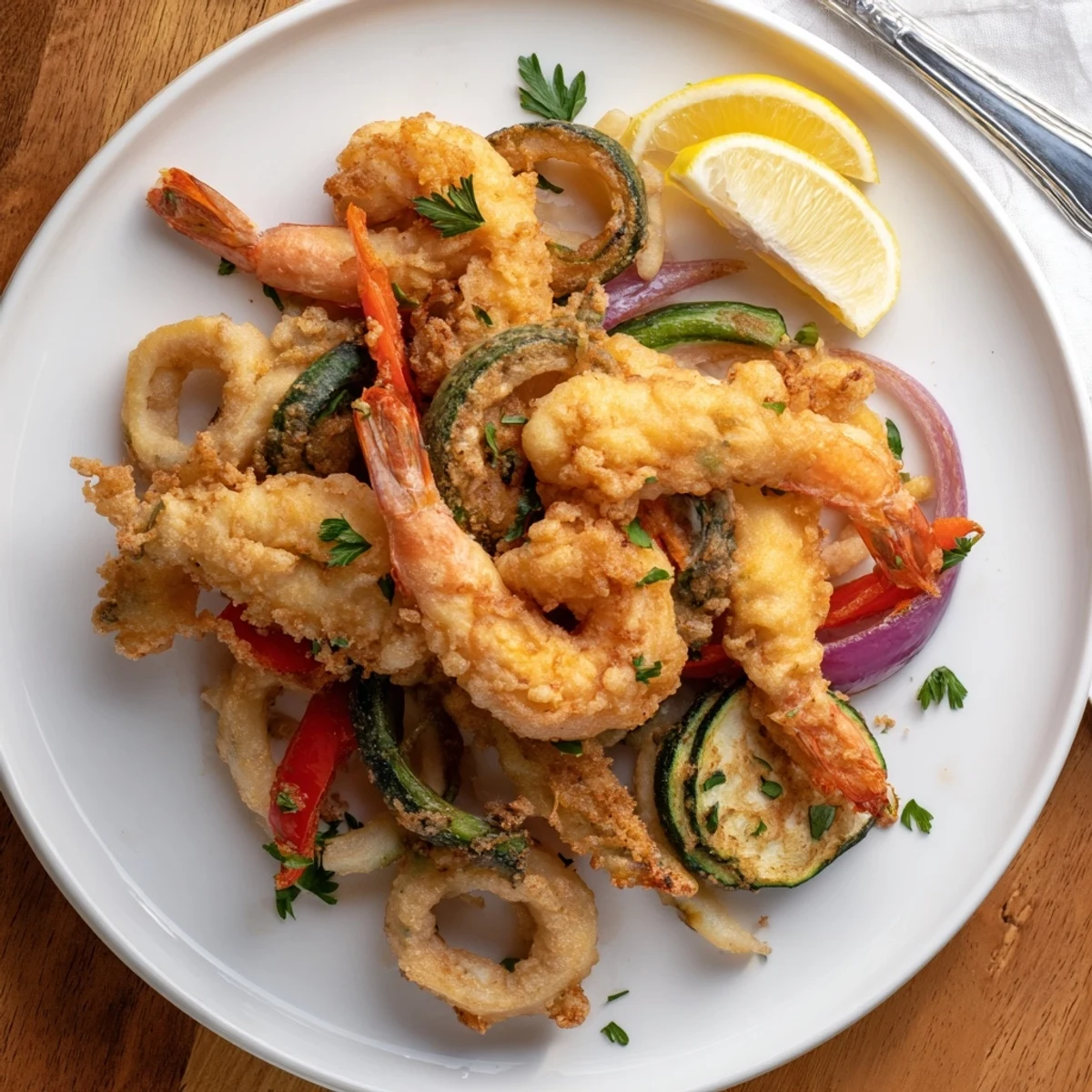 Crispy Shrimp Fritto Misto piled on platter, golden batter, lemon wedges.