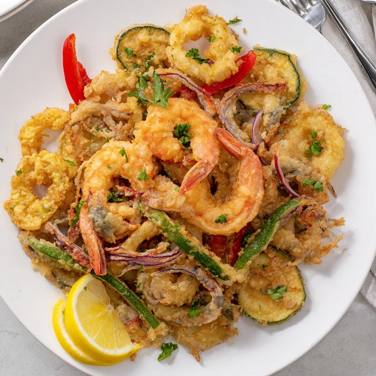 Plate of Crispy Shrimp Fritto Misto, steaming, parsley and dipping aioli nearby.