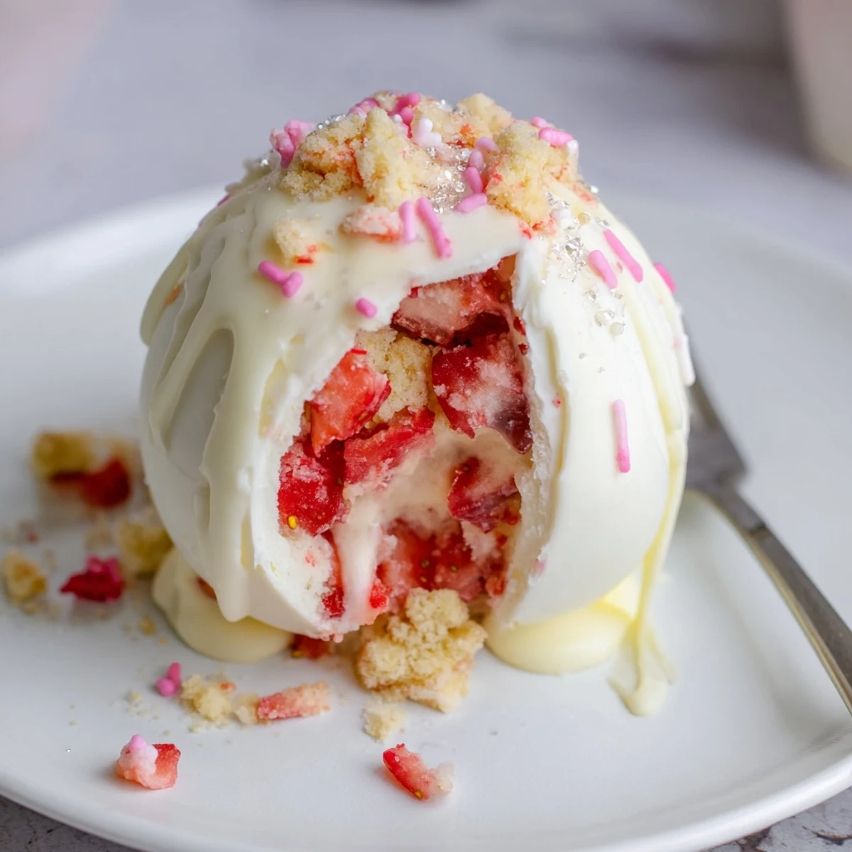 Strawberry Shortcake Easter Egg Bombs with creamy whipped filling and crunchy shortcake
