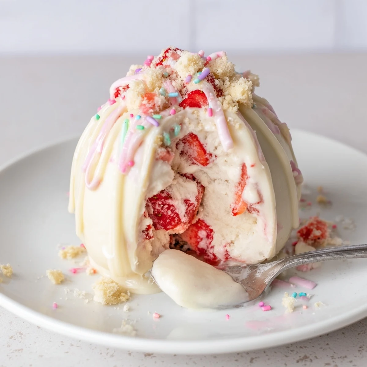 Sliced open Strawberry Shortcake Easter Egg Bombs expose macerated strawberries and biscuit crumbs