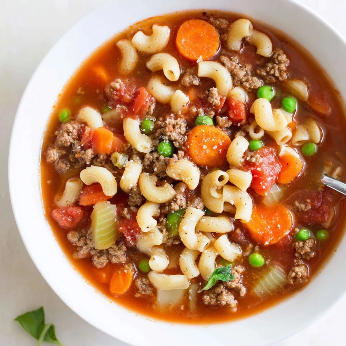 Bowl of Delicious Homemade Ground Beef Pasta Soup Recipe For Comfort, steaming