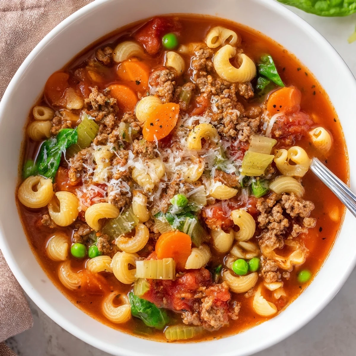 Hearty Delicious Homemade Ground Beef Pasta Soup Recipe For Comfort, ladled with Parmesan