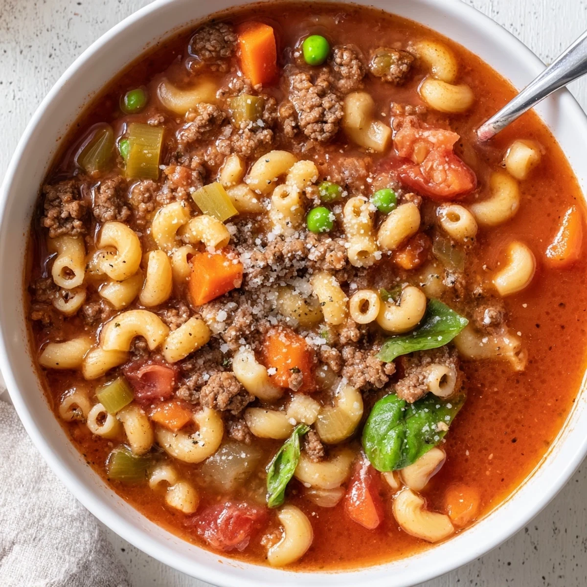 Steam rising from Delicious Homemade Ground Beef Pasta Soup Recipe For Comfort, savory aroma