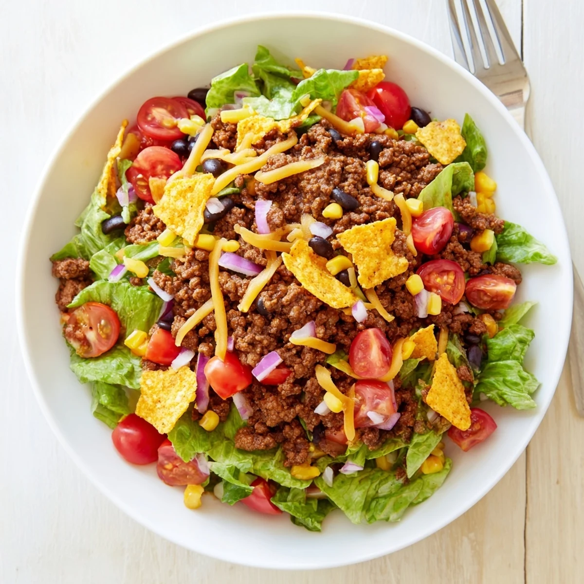 Simple Doritos Taco Salad with crunchy nacho chips, seasoned beef, vibrant tomatoes
