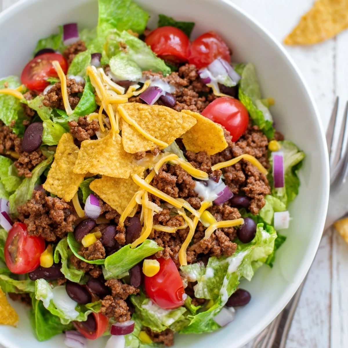 A bowl of Simple Doritos Taco Salad, creamy ranch drizzled, cheddar melting