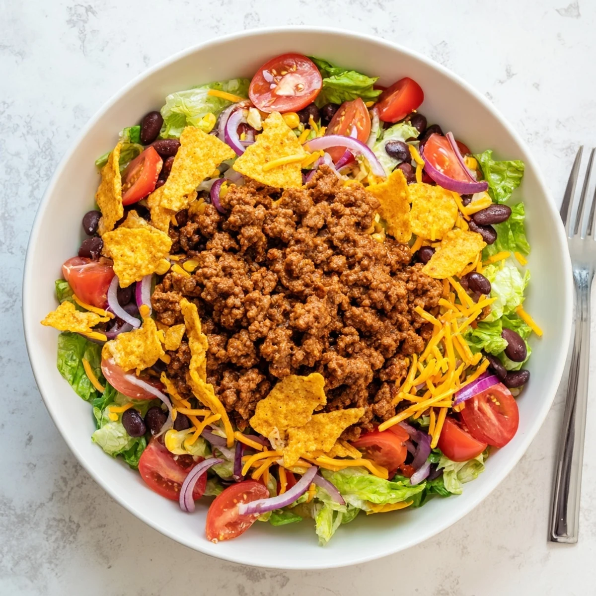 Topped with fresh romaine, Simple Doritos Taco Salad stays crunchy for immediate serving