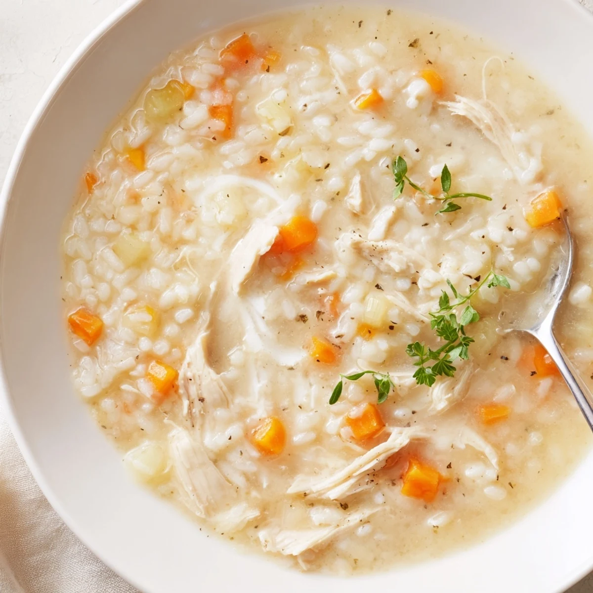 Bowl of Creamy Chicken Rice Soup steaming, tender chicken and carrots  