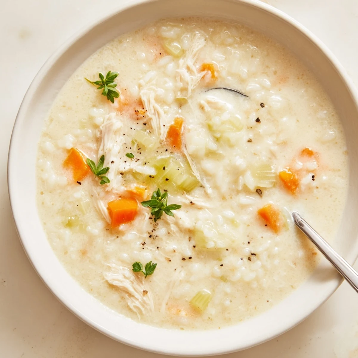 Hearty Creamy Chicken Rice Soup ladled over crusty bread for cozy nights  