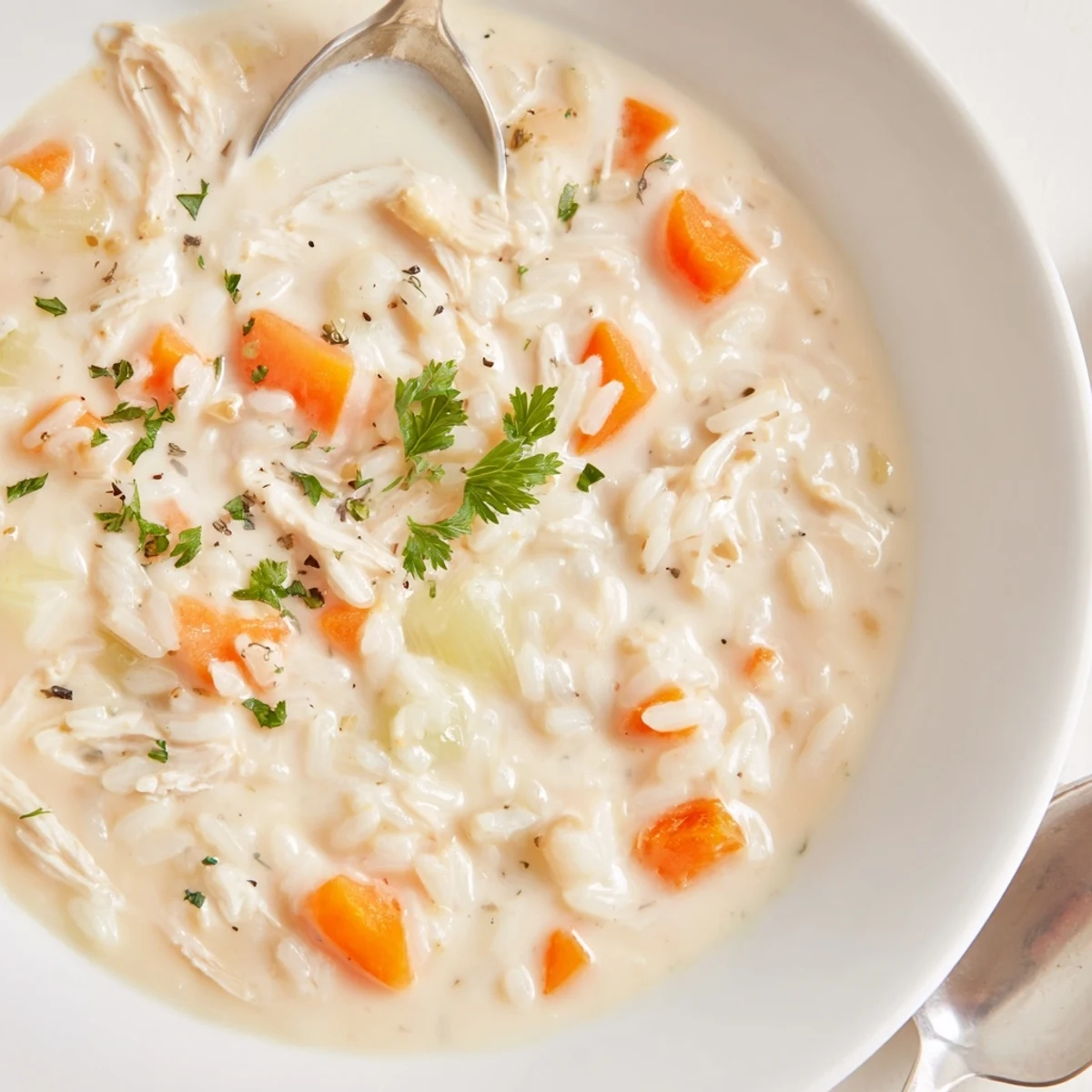 Velvety Creamy Chicken Rice Soup garnished with parsley, served hot in bowl