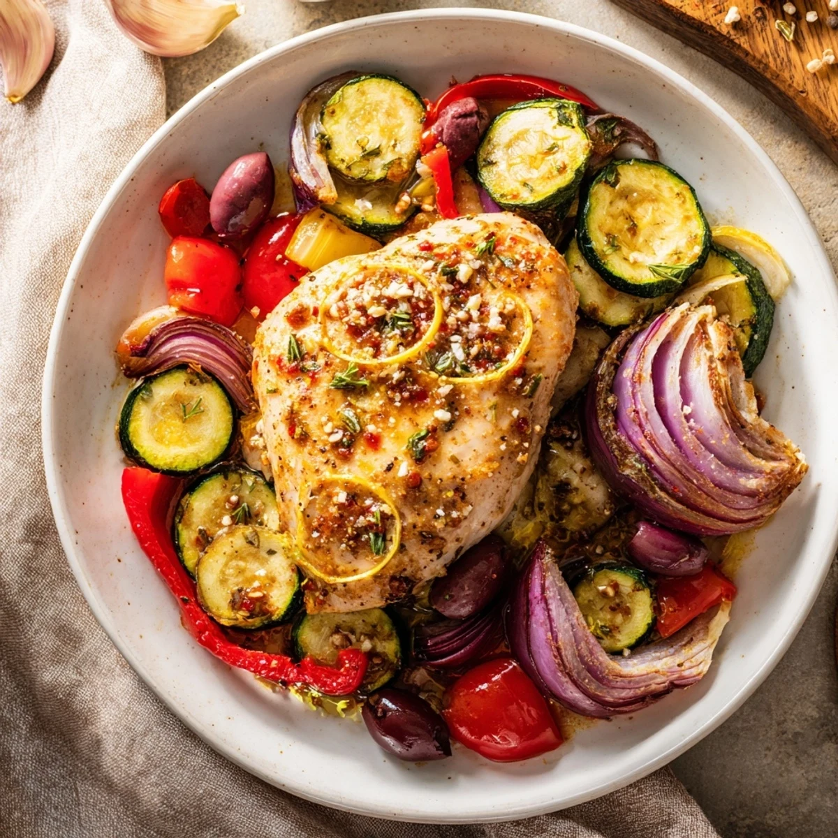 Sheet Pan Mediterranean Chicken Zucchini roasting with golden olives, tomatoes, feta