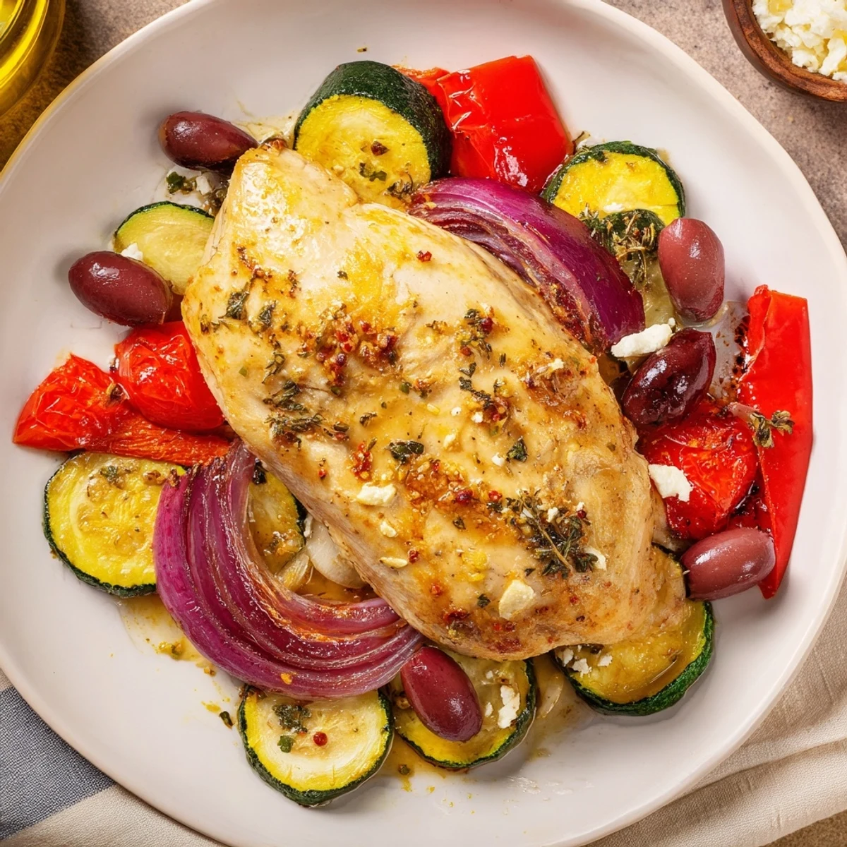 Warm Sheet Pan Mediterranean Chicken Zucchini served with lemony pan juices, parsley