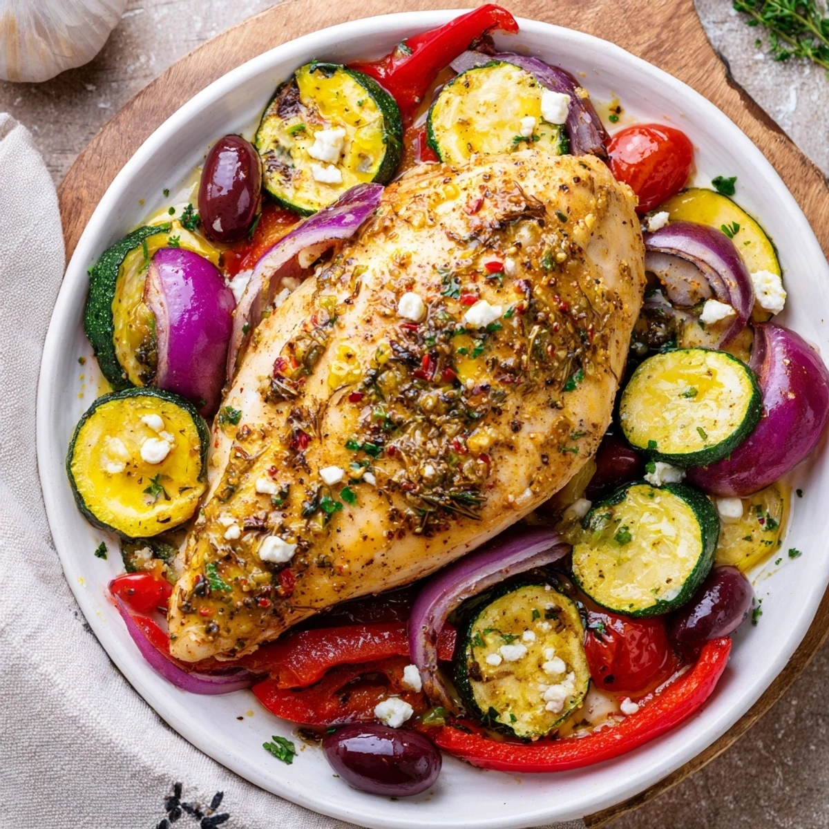 Family-style Sheet Pan Mediterranean Chicken Zucchini sizzling, tender chicken with charred veggies