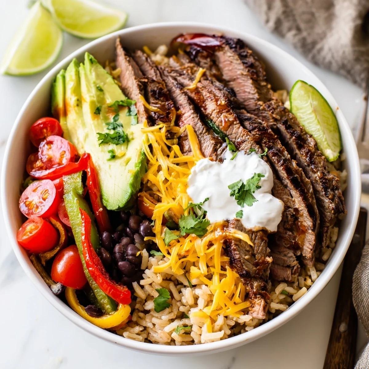 Bright colors in Steak Fajita Power Bowls with creamy avocado, warm rice  
