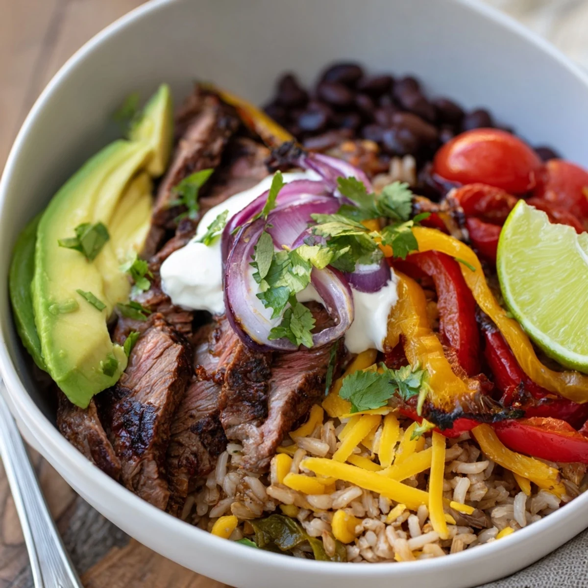 Steak Fajita Power Bowls with seared steak, colorful peppers, lime wedge  
