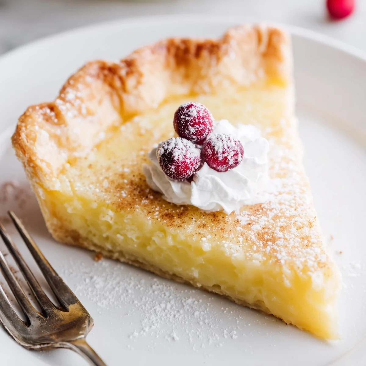 Warm slice of Christmas Eve Custard Pie With Cinnamon Vanilla, dusted powdered sugar