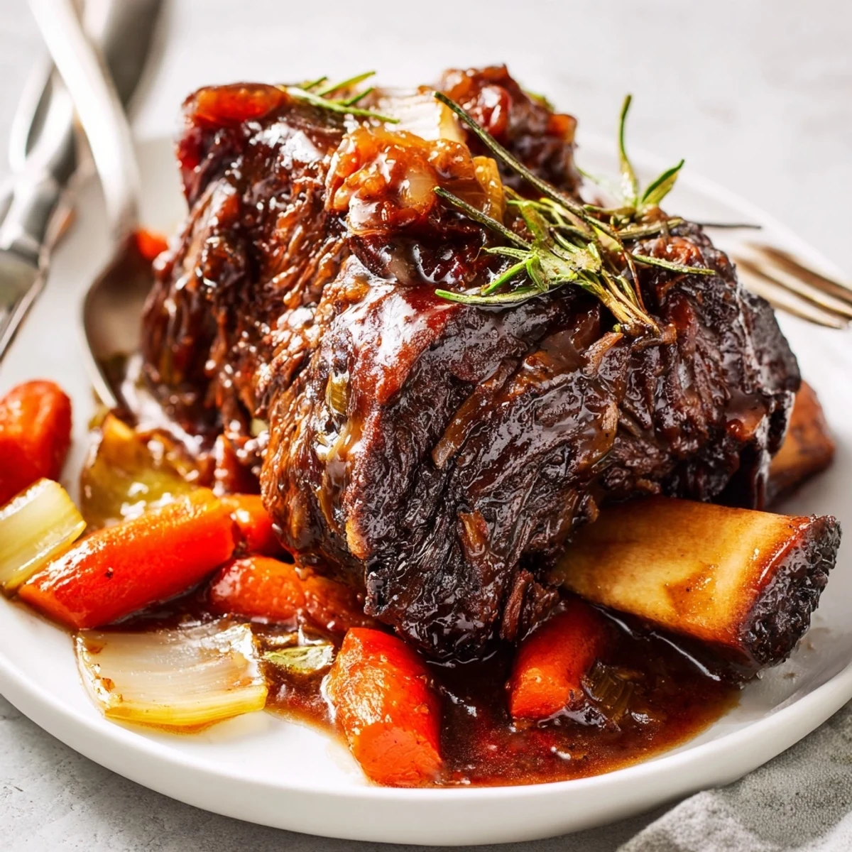 Slow Cooker Beef Short Ribs glistening in rich red wine sauce over mashed potatoes