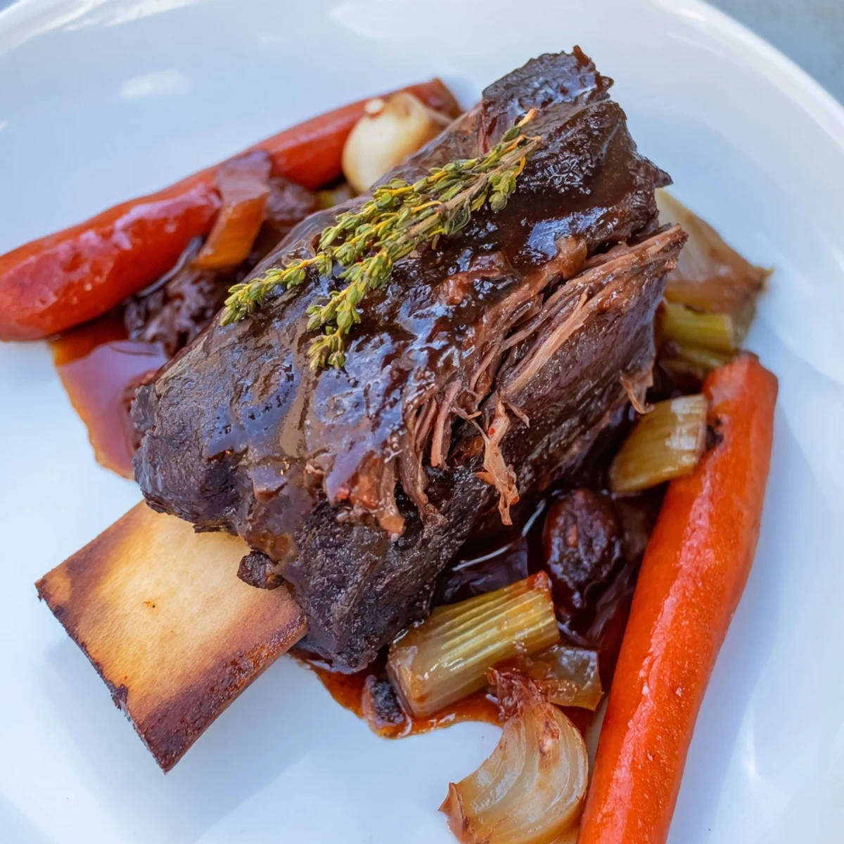 Slow Cooker Beef Short Ribs served hot with carrots, onions, and crusty bread
