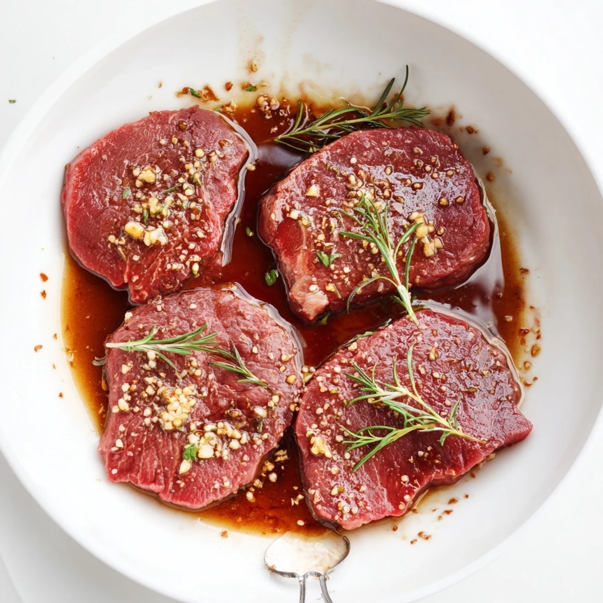 Steak Marinade glistening on skirt steak, garlic-rosemary aroma, ready to grill