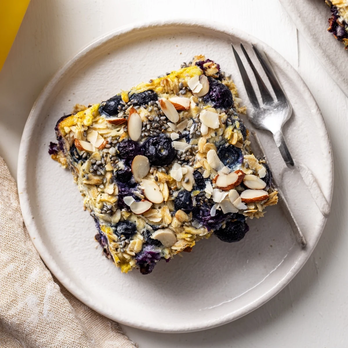 Sliced square of protein-packed lemon blueberry breakfast bake with fresh blueberries visible